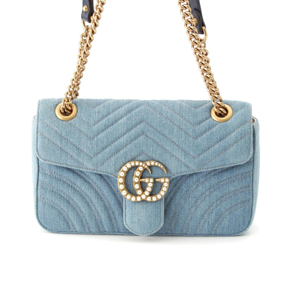 Gucci GG Marmont Denim Pearl Chain Shoulder Bag Blue